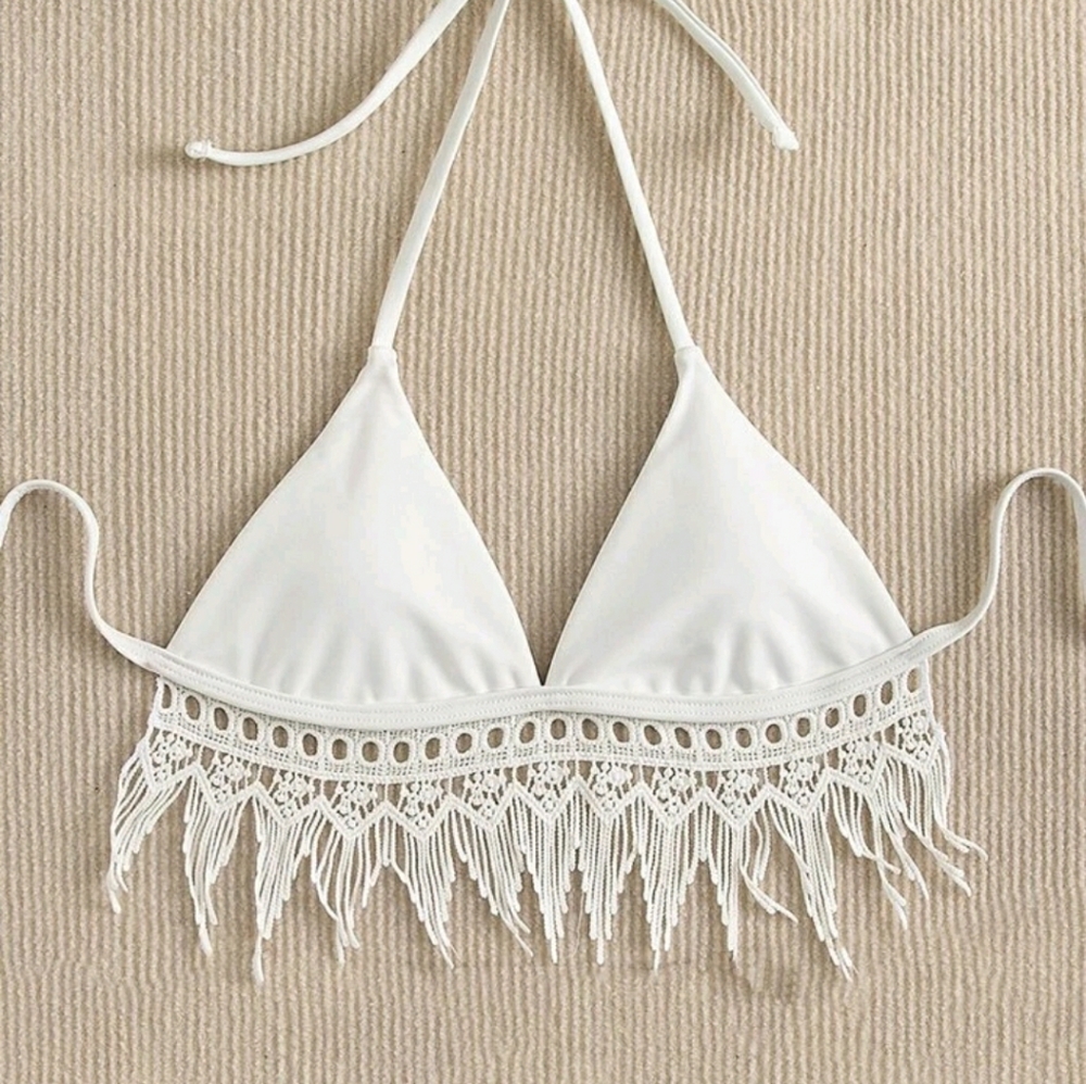 Fringe Hem Halter Triangle Bikini Top